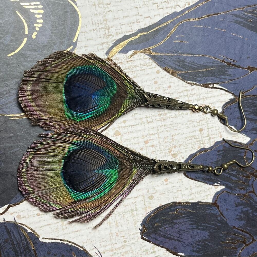 Estate Oversized Peacock Feather Drop Metal Filigree Earrings D2